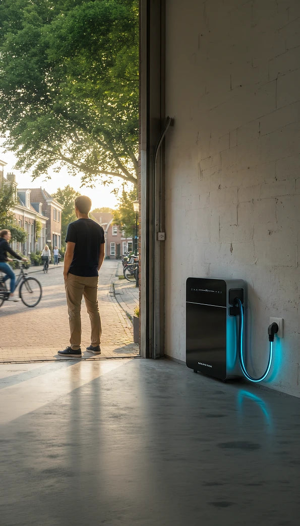 Plug-in thuisbatterij aan de muur in de garage, aangesloten op het stopcontact