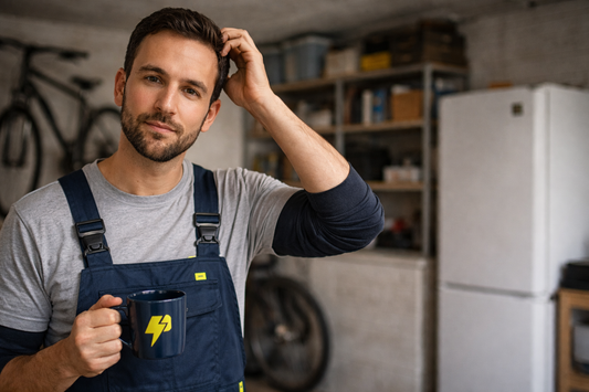 Jonge man in werkoutfit zit met zijn handen in zijn haar