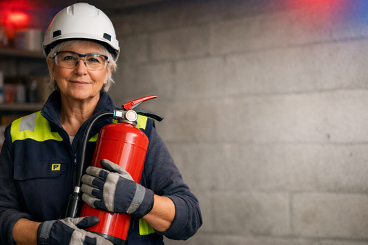 dame met veiligheidskledij aan en een brandblusapparaat in haar hand