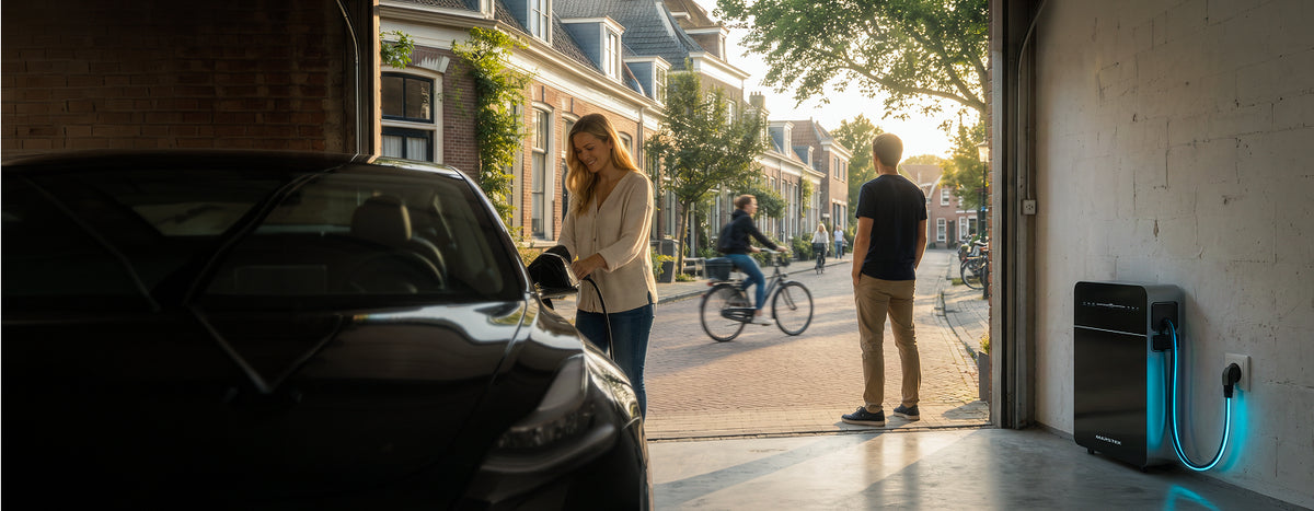 Plug-in thuisbatterij aan de muur in de garage, aangesloten op het stopcontact